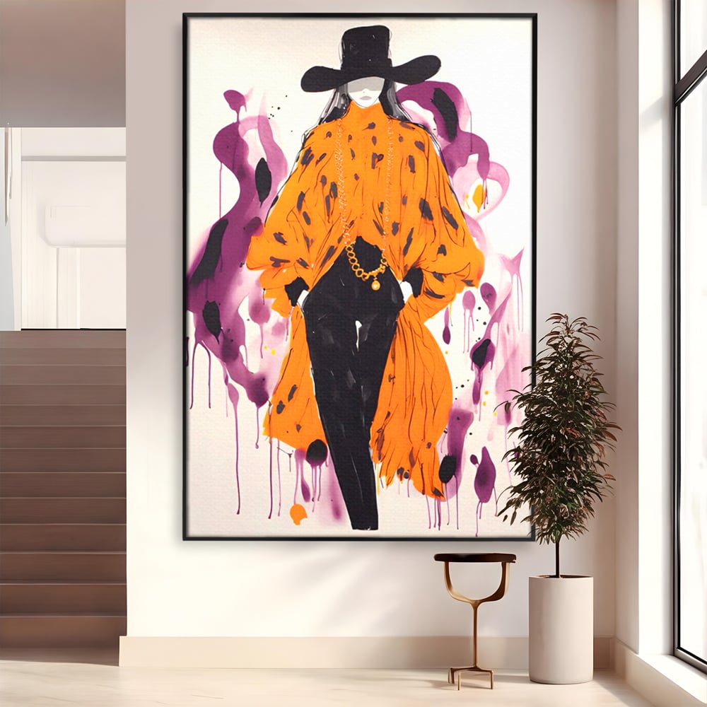 Tablou canvas cu ilustratie fashion cu femeie in costum portocaliu, in rama de aluminiu negru